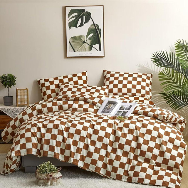 Houseri White Brown Plaid Comforter Set King Pumpkin Colored Checkerboard Comforter King Size Men Women Caramel Buffalo Checkered Bedding Elegant Camel Grid Gingham Checker Bed Comforter Sets King