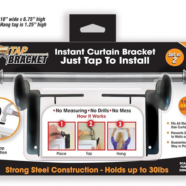 Spark Innovators Black Tap Bracket - Hang Curtains in 30 Seconds! No Drill Instant Curtain Rod Brackets - Fits 1.25", Holds 30 lbs, As Seen on TV, Set of 2