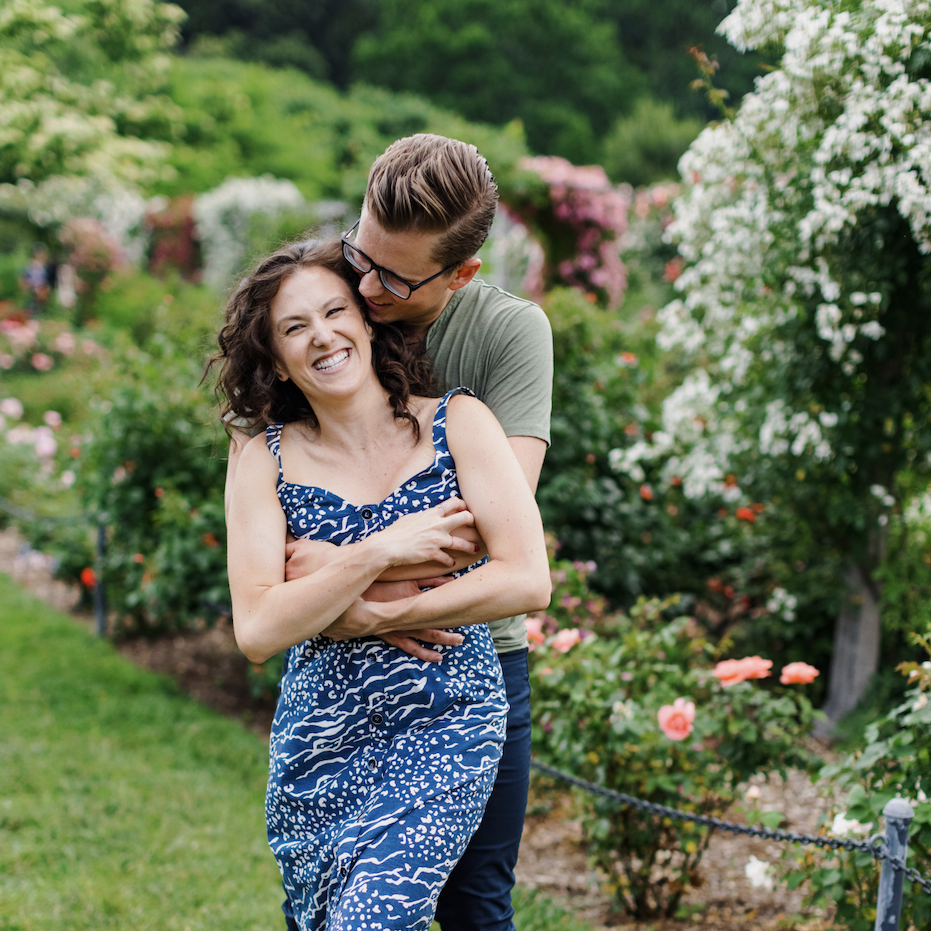 In the Brooklyn Botanic Gardens on the hottest day of 2021 when we chose to get professional photos done.