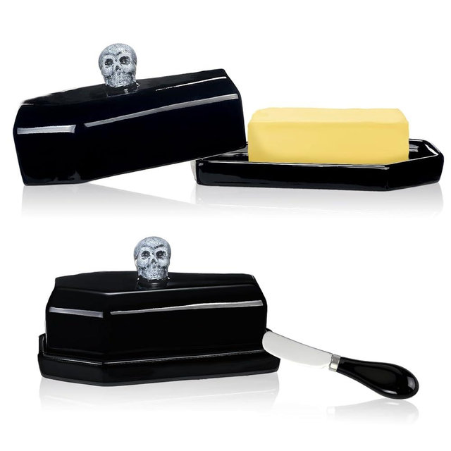 Reallnaive 2 Pcs Coffin Butter Dish with Lid Set with Butter Knife Black Gothic Skull Shape Ceramic Halloween Gothic Horror Kitchen Utensils Gift for Halloween Table Decoration Party Supplies (Stereo)