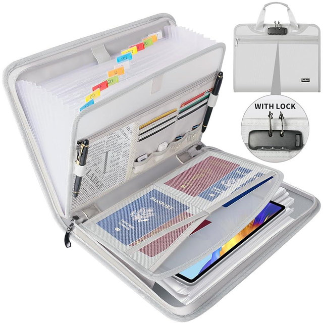 Andyer Accordion File Organizer with Lock, Fireproof Expanding File Folder with Tabs, 13 Pockets Important Document Organizer with Handle, Portable Paperwork Business Organizer, Letter/A4-Size(Silver)