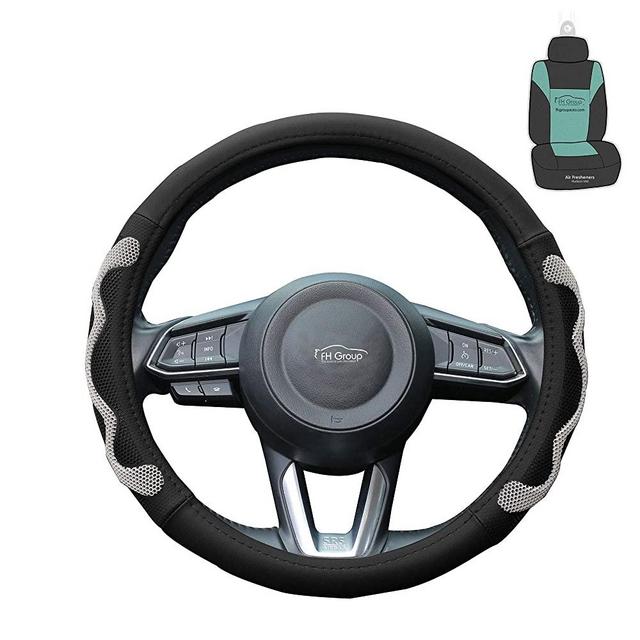 FH Group FH2010 Universal Leather Car Steering Wheel Cover (Gray) with Gift – Universal Fit for Cars Trucks & SUVs