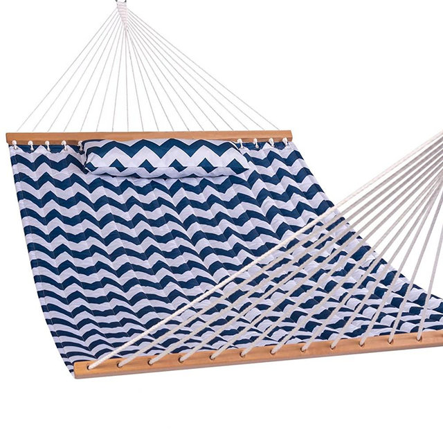 Lazy Daze Hammocks Quilted Fabric Hammock Hardwood Spreader Bar Poly Pillow, 55" Double Size, Blue Chevron Stripe