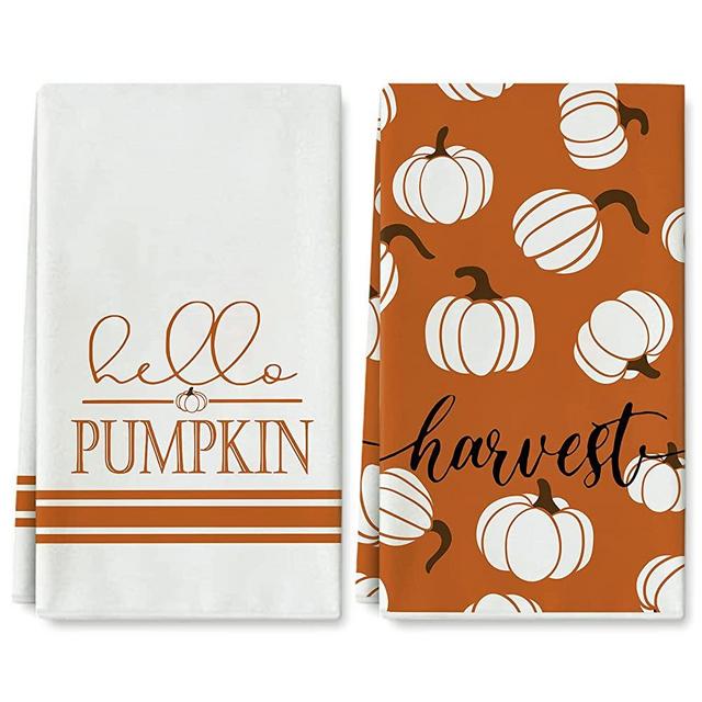 AnyDesign Fall Kitchen Dish Towel 18 x 28 Inch Hello Pumpkin Harvest Tea Towel Autumn Orange White Dishcloth Rustic Farmhouse Hand Drying Cloth Towel for Holiday Kitchen Cooking Baking, 2 Pack
