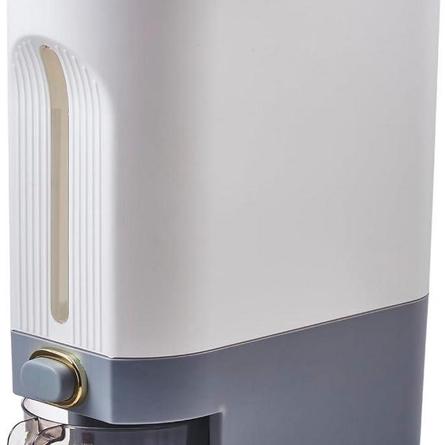 Sooyee 25Lbs Rice Dispenser, Large Grain Container Storage with Lid Measuring Cylinder Moisture Proof Household Cereal Dispenser Bucket for Kitchen Soybean Corn,White and Grey