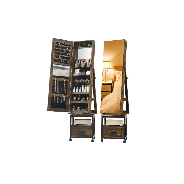 Garvee 360° Swivel Mirrored Jewelry Cabinet, Full Length Mirror with Jewelry Storage and Floor Standing Lock, Built in Makeup Mirror, Brown