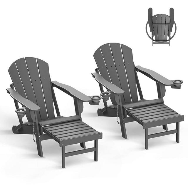 GREENVINES Adirondack-Chairs-with-Ottoman | Set of 2 | Folding | Retractable-Footrest | HDPE Plastic | All Weather Fire Pit Chair | Cup Holders | Grey | for Outdoor Poolside
