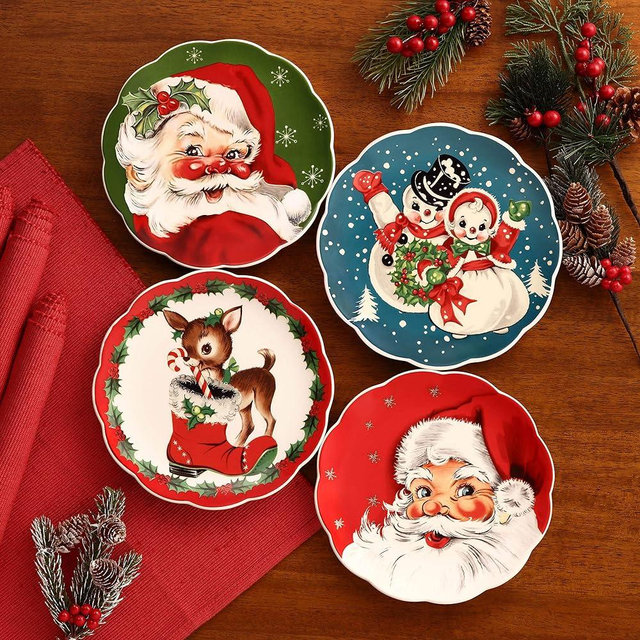Mr. Christmas Vintage Christmas Dessert Plates Dinnerware, 8 Inch, Set of 4, Holiday Characters