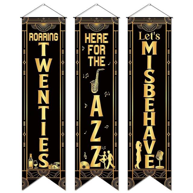 3Pcs Roaring 20s Party Decorations Black Gold Roaring 20s Banner Here for the Jazz Porch Signs Let's Misbehave Hanging Banner for Retro 1920s Birthday Jazz Music Party Door Wall Speakeasy Decor