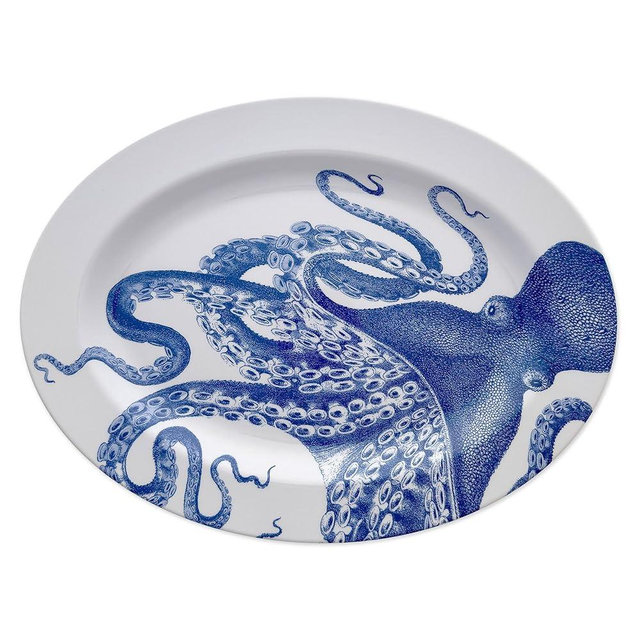 Caskata Lucy the Octopus Melamine Large Platter | Large Platter for Entertaining and Everyday Use | Perfect for Home, Beach, Pool and Gifting | Blue on White Color | 16 x 12 in