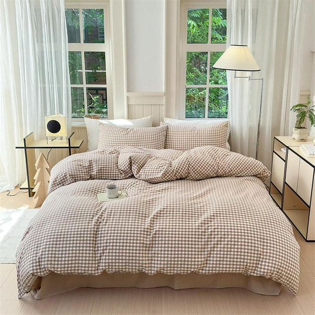 Nayoroom Brown Gingham Duvet Cover Queen Size Tan White Plaid Checkered Duvet Cover Grid Dorm Bedding Set 3 Pieces Soft Lightweight Washed Microfiber Farmhouse Bedding with Pillowcases