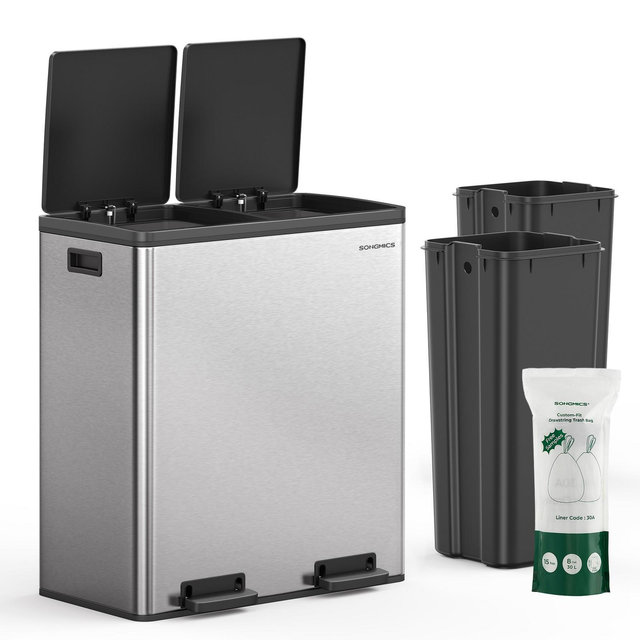 Trash Can, 2 x 8-Gallon Garbage Can, with 15 Trash Bags, 2 Compartments, Plastic Inner Buckets, Silver and Black