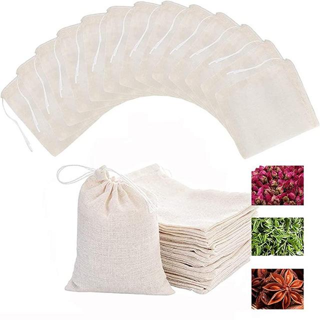 Cotton 50 Pcs Reusable Sachet Drawstring Packing Bags for Spices,Parties,Tea filter,dried herbs,cooking,handcrafted soap,odds and ends DIY Washable Muslin Bags Tare Weight Saver Wrap Bags (4X3Inches)
