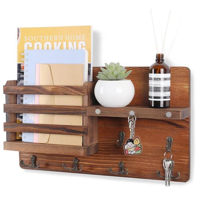 WeBravery Decorative Key Hanging Rack with 10 Hooks – Easy Install Natural Wooden Key and Mail Holder for Wall Mount – Entryway Decor Rack with Shelf (Brown)