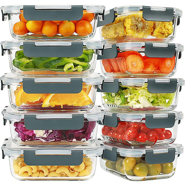 10 Pack Glass Meal Prep Containers with Lids Glass Food Storage Containers Airtight Lunch Container Reusable Lunch Box Bento Box Portion Control Food Prep Containers for Oven Freezer Dishwasher