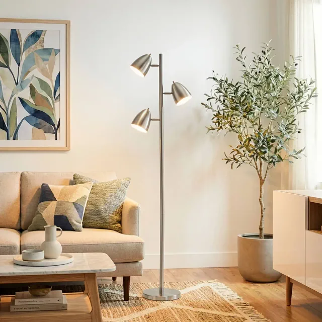 Brightech Jacob Modern Tree Floor Lamp Brushed Nickel: 3-Head Adjustable, UL Listed, 6' Cable