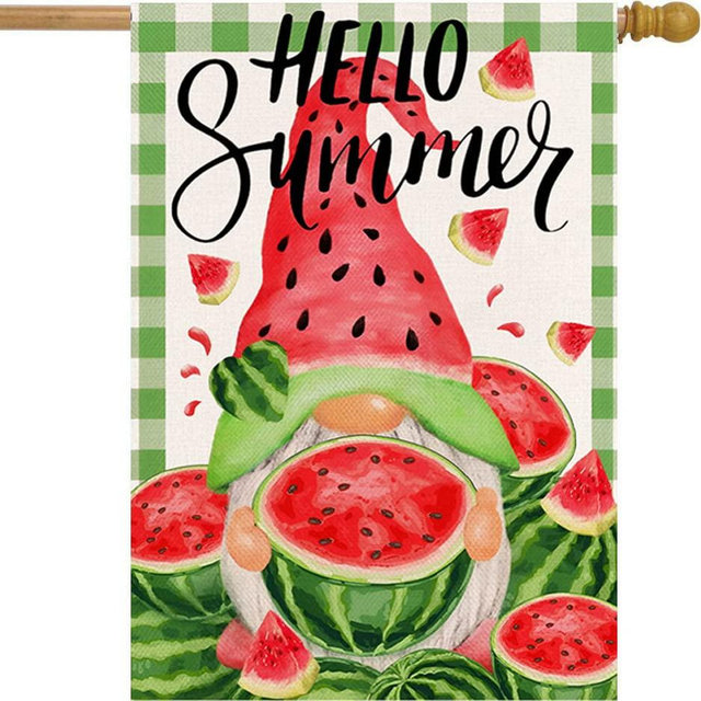 LHSION Hello Summer Watermelon House Flag 28 x 40 Inch Summer Gnome Decorative Double Sided Burlap Flag For Farmhouse Yard Outdoor Seasonal Decor