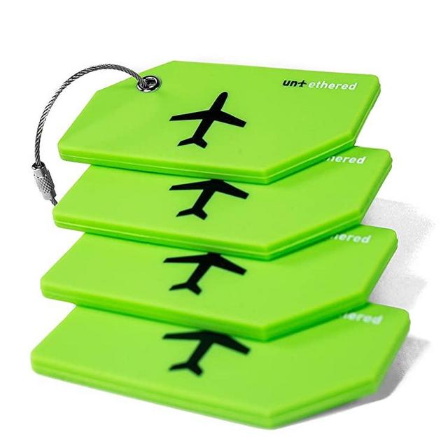 Untethered Luggage Tag Set | 4 Pack Flexible & Bright Silicone Baggage Tags for Travel & Suitcases. Includes Name Cards with Partial Privacy Cover & Stainless Steel Loops for Secure Fastening (Green)