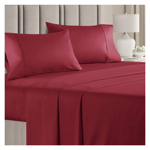 CGK Linens 100% Cotton 400 Thread Count 4 Piece Sheet Set - Soft & Cozy Sateen Bed Sheets in Burgundy, Size King