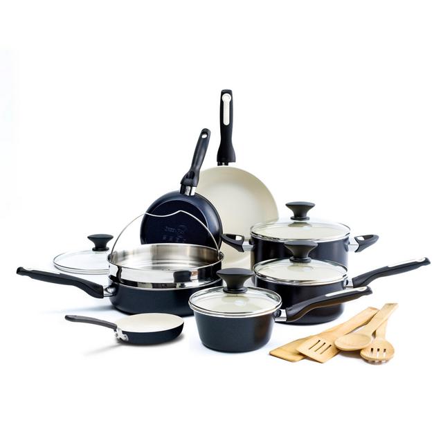 Rio Ceramic Non-Stick 16-Piece Cookware Set, Black