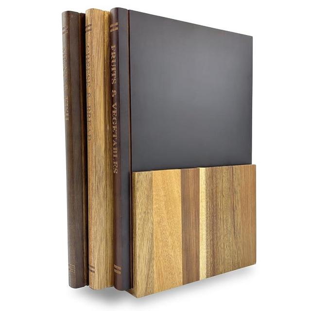 The Cutting Board Library | 100% Acacia Wood | Set of 3 Decorative and Functional Cutting Boards with Wooden Stand | Fruits, Vegetables, Meat, Fish, Cheese and Bread | Statement Piece for Countertop