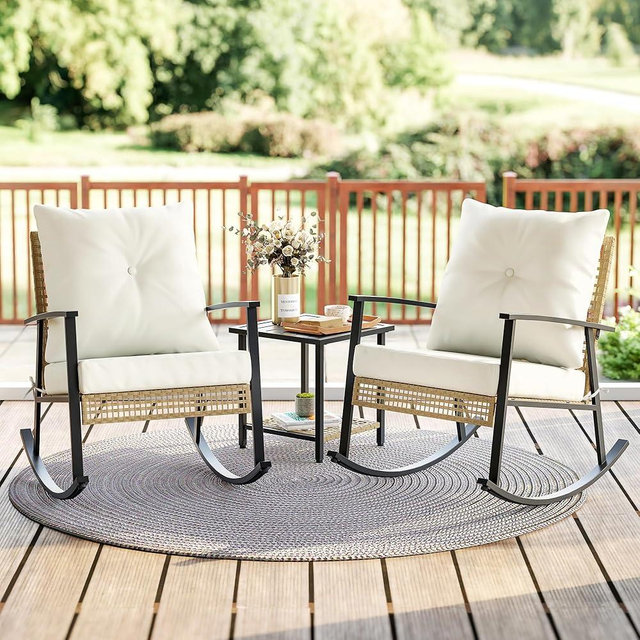 SUNCOZE 3 Piece Patio Furniture Set, Outdoor Rocking Chairs Set of 2 with Coffee Table, Patio Bistro Set Patio Rocking Chair Oversize Rattan Conversation Sets for Garden, Balcony, Backyard