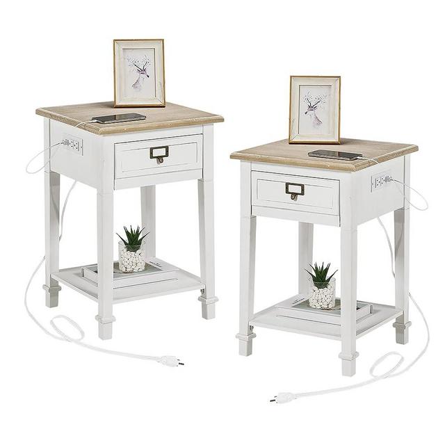 Wnutrees End Table with Charging Station,2 USB Ports and 2 Outlets,Nightstand Bedside Table with Drawer and Open Storage Shelf,for Living Room Bedroom,White,Set of 2.