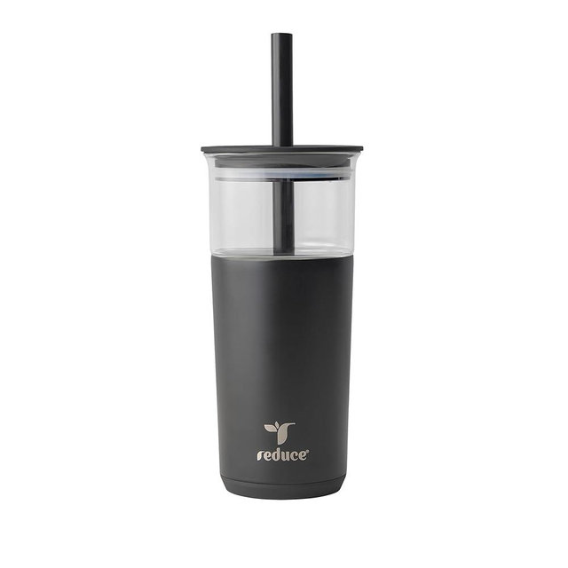 REDUCE Aspen 20 oz Vacuum Insulated Glass Tumbler with Lid & Extra Wide Straw - Keeps Drinks Cold for 12 Hrs - Ideal for Iced Coffee, Smoothies & Boba - Dishwasher Safe, Soft Base - Phantom