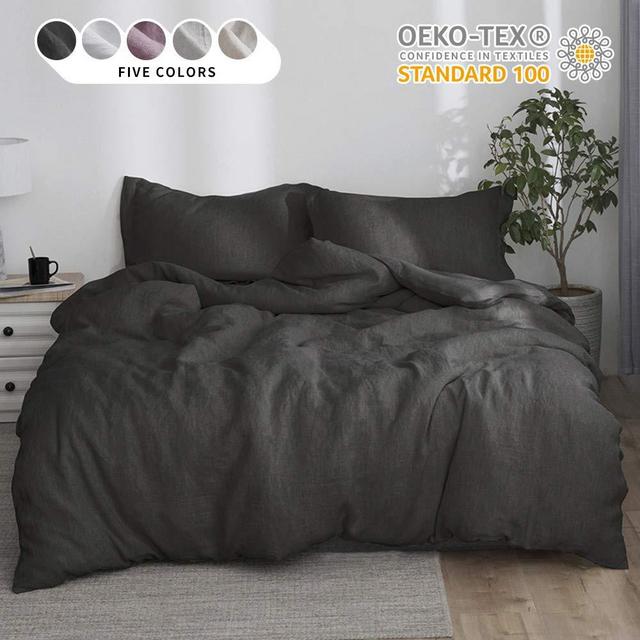 Simple&Opulence 100% Linen Duvet Cover Set 3pcs Stone Washed Natural Belgian Flax Basic Style Solid Color French Bedding with Button Closure (Queen, Dark Grey)
