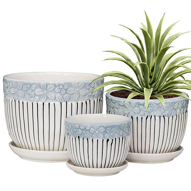 Grey Flower Pots,Texture Planter for Indoor Plants Set of 3 Ceramic Flower Pots with Saucer,Round Garden Pots