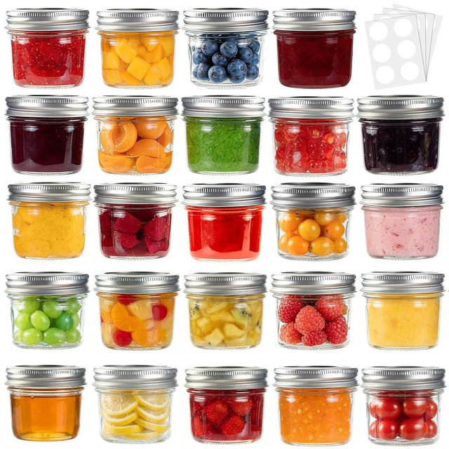 SKOCHE Small Mason Jars 4oz 24 Pack, Mini Canning Jars 4 oz with Regular Lids & Bands, Glass Jars for Spice, Jam, Honey, Jelly, Dessert, Shower Wedding Favors & DIY Decor