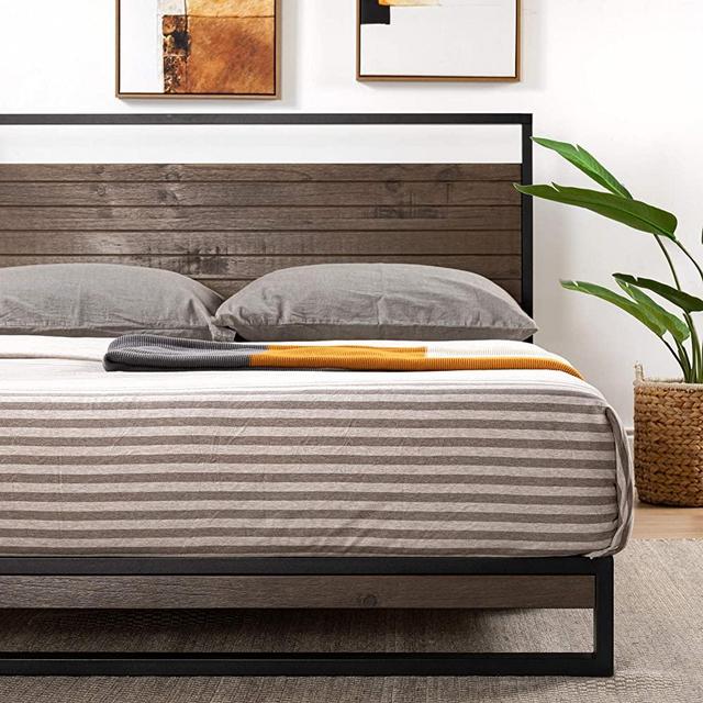 ZINUS Suzanne Metal and Wood Platform Bed Frame / Solid Wood & Steel Construction / No Box Spring Needed / Wood Slat Support / Easy Assembly, Grey Wash, King