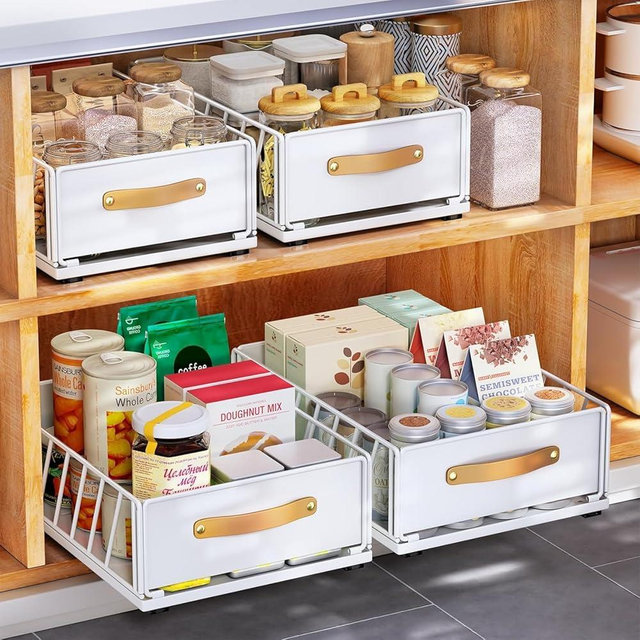 Pull out Cabinet Organizer Fixed with Adhesive Nano Film,Heavy Duty Slide out Pantry Shelves Drawer Storage,Sliding Mesh Basket with Handle for Kitchen, Bathroom,Home, 11.8W"X 15.7D"X6.2"H(2PCS)
