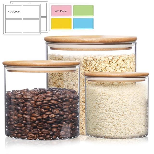 AMOTIE Set of 3 Glass Food Storage Containers with Airtight Bamboo Lid, Glass Storage Canisters, Large Glass Food Jar, Glass Flour and Sugar Containers…