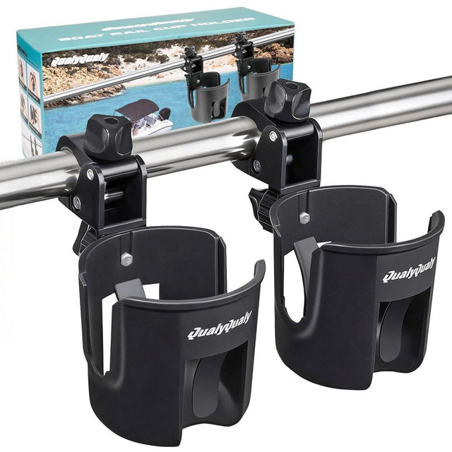 QualyQualy Boat Rail Cup Holder 2 Pack, No-Drill Clamp-On Marine Cup Holders 360° Adjustable for Pontoon Boat, Bimini Top, Grab Bar, PWC, Jet Ski, Fits Round & Square Rails 15-40mm, Boat Gifts for Men