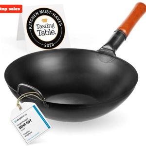 13.5-inch Pre-Seasoned Black Carbon Steel Wok Flat Bottomed