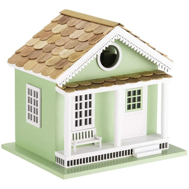 Decorative Wooden Birdhouse for Outdoor Hanging – Handcrafted Miniature Cottage Style with Blue Roof, Front Porch, and Balcony – Garden or Backyard Décor for Wild Birds (Green Lake House)