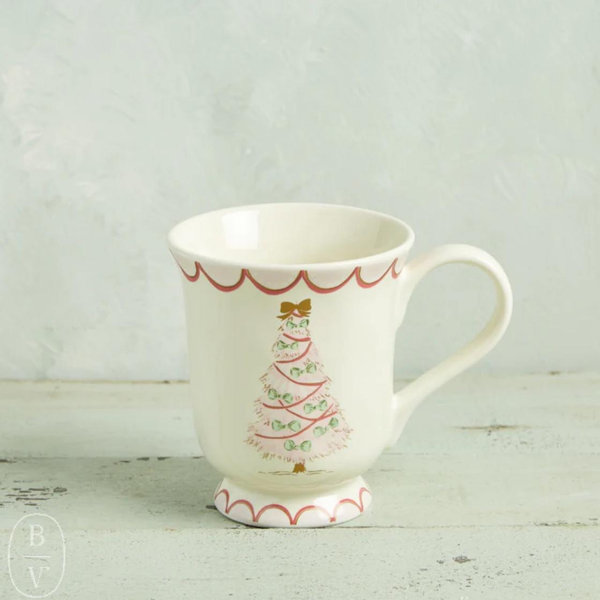 CHRISTMAS TREE STONEWARE MUG-PINK TREE WITH GREEN BOWS