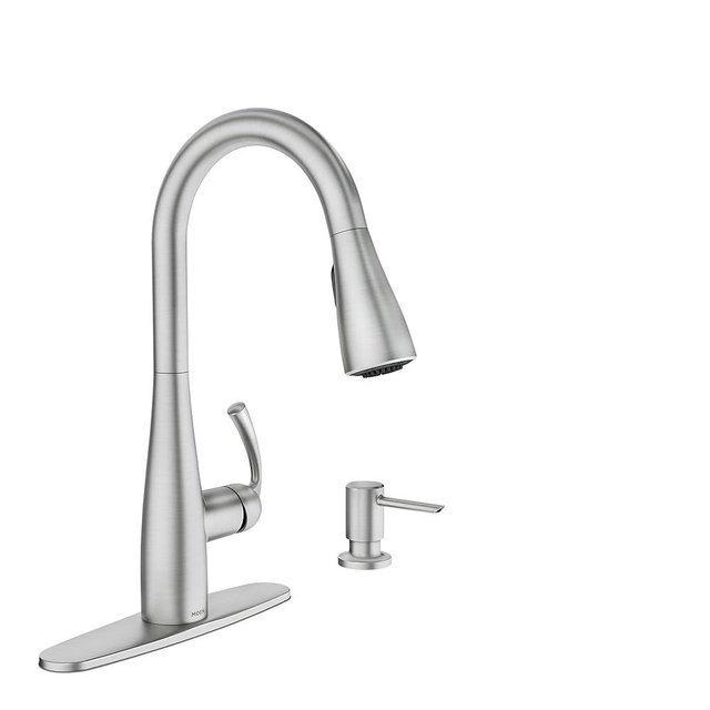 Moen Essie Spot Resist Stainless Pulldown Sprayer Kitchen Sink Faucet Set with Modern Pump Soap Dispenser, 87014SRS