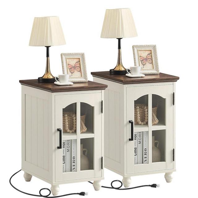 Narrow Side Table Set of 2,White Nightstand with Charging Station,End Table with Glass Barn Door Storage, Cabinet Organizer with Adjustable Shelf, Night Stand for Small Spaces Living Room Bedroom