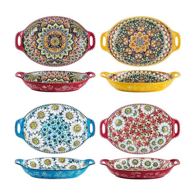 Henten Home Ceramic Pasta Plates with Handle, Porcelain Floral Salad Plates Set of 4, 32 oz Large Bohemia Serving Dish, for Dinner, Steak, Fruit, Microwave & Dishwasher Safe