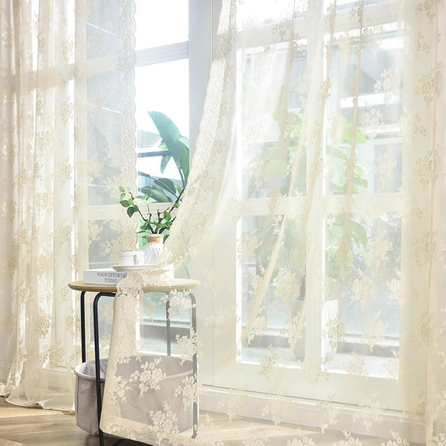 Kotile Beige Lace Curtains 84 Inches Long 2 Panels, Country Rustic Floral Pattern Vintage Sheer Lace Curtains for Living Room Bedroom, Rod Pocket Privacy Window Lace Curtain Panels, 42 x 84 Inch