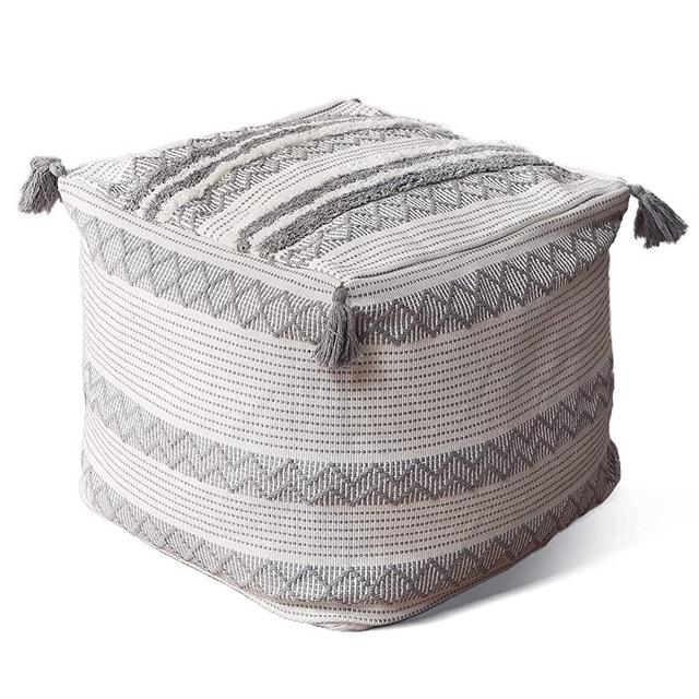 Boho Neutral Decorative Unstuffed Pouf Cover - Cotton Woven Diamond Jacquard Pattern with Big Tassels, Handwoven Footrest/Cushion Cover for Bedroom Living Room, Grey