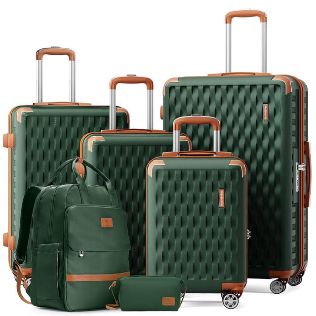 Melalenia Suitcase Sets 6 Piece Hard Shell Carry on Luggage with Spinner Wheels and TSA Lock, Lightweight Travel Backpack for Women, Green Brown