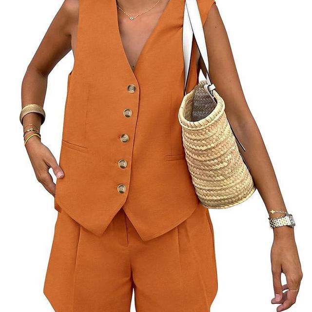 PRETTYGARDEN Women's Summer 2 Piece Outfits Sleeveless Matching Sets Button Down V Neck Vest Waistcoat and Pockets Shorts