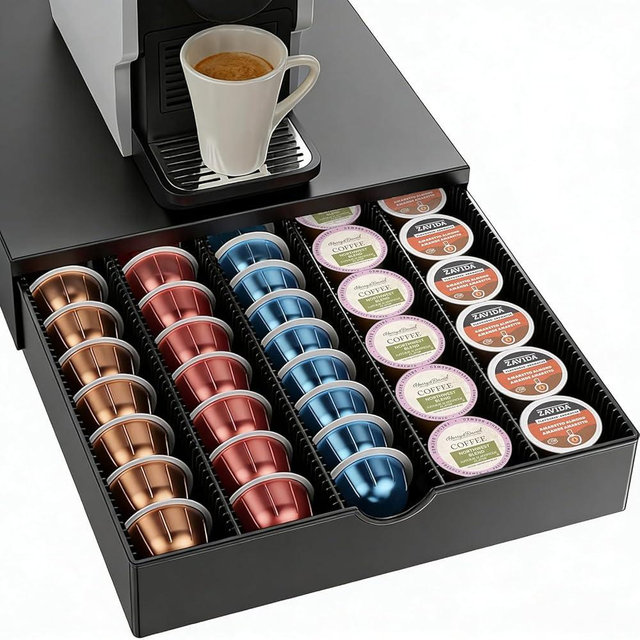 OUTIOE Coffee Pods Drawer Organizer Compatible with Nespresso Vertuo Pods Holds Up to 60 Small or 40 Large (Black)
