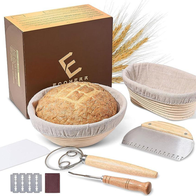 ECOMERR 9” Banneton Bread Proofing Basket - Set of 2 Round & Oval Rattan Proofing Baskets for Sourdough Bread Baking with Bread Lame + Steel & Plastic Dough Scraper + Linen Liner Cloth + Dough Whisk
