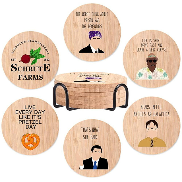 The Office Bamboo Wood Coasters Set of 6, Coasters for Drinks with Holder Housewarming Gift Kitchen Decor