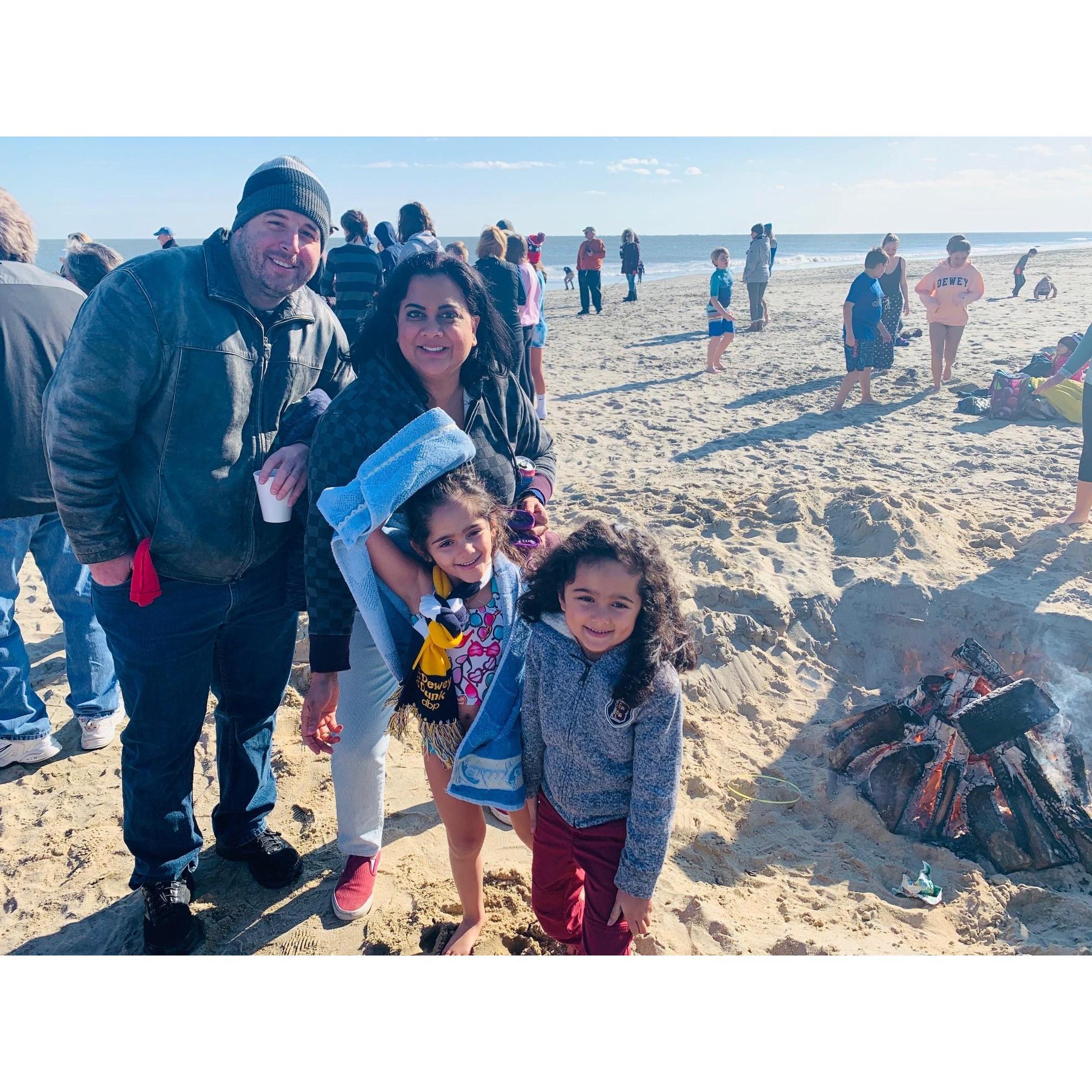 Our Tenley Bear did the Dewey Dunk aka Polar Bear Plunge on January 1 2020. She ran into the freezing ocean.  We supported her and had hot chocolate waiting for her.