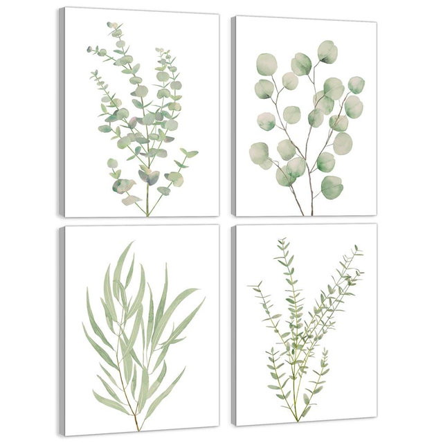 Erctoo Botanical Wall Art for Bathroom, Framed Canvas Wall Art for Bedroom 12”x16” Sage Green Plant Office Wall Decor, Light Green Boho Eucalyptus Leaf Sets of 4PCS
